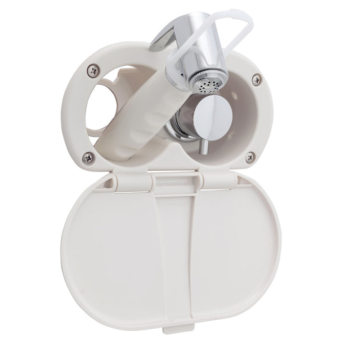 Ambassador Marine 136-1714-WH Aidack- Transom Shower (Hot/Cold Mixer), Warm White Cup & Lid, Hammer-Head Warm White Sprayer, 10' White Rubber Hose, Chrome Aidack Handle