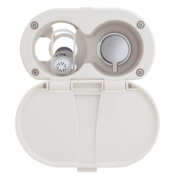 Ambassador Marine 136-1714-WH Aidack- Transom Shower (Hot/Cold Mixer), Warm White Cup & Lid, Hammer-Head Warm White Sprayer, 10' White Rubber Hose, Chrome Aidack Handle