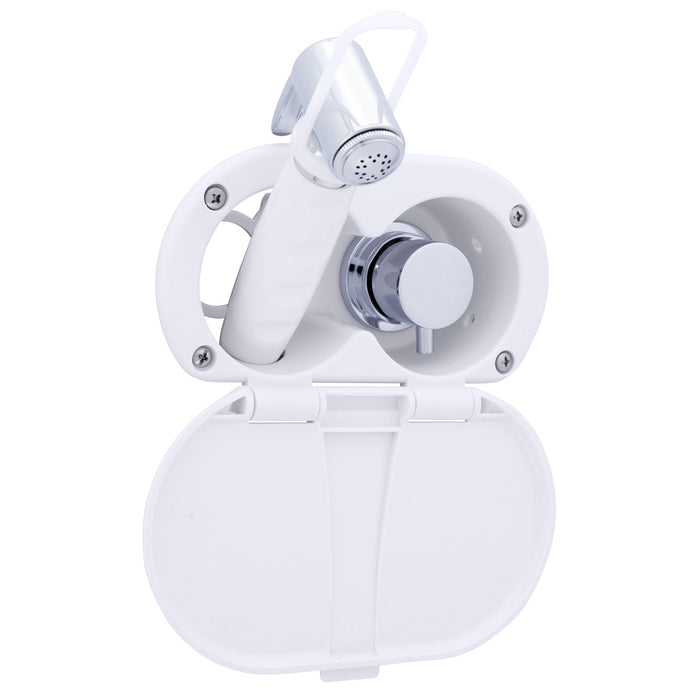 Ambassador Marine 136-1716-AW Aidack- Transom Shower (Hot/Cold Mixer), Arctic White Cup & Lid, Hammer-Head Arctic White Sprayer, 6' Stainless Steel Hose, Chrome Aidack Handle