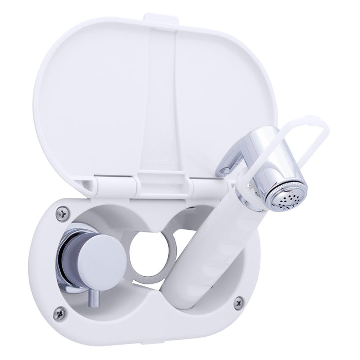 Ambassador Marine 136-1716-AW Aidack- Transom Shower (Hot/Cold Mixer), Arctic White Cup & Lid, Hammer-Head Arctic White Sprayer, 6' Stainless Steel Hose, Chrome Aidack Handle