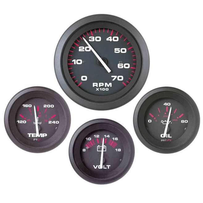 Sierra 69722P Amega Series Gauge Set, Black Inboard 4 Set, Tach, Volt, Oil Pressure & Water Temp