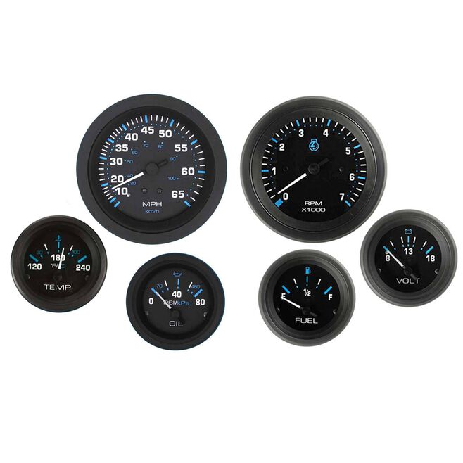 Sierra 68413P Eclipse Series Black 6-Gauge Set, For Inboard/Sterndrive, Tach/Speedo/Volt/Fuel/Temp/Oil