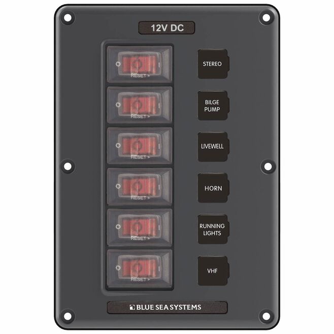 Blue Sea 4322-BSS 4322 Water-Resistant Circuit Breaker Switch Panel, 6 Position