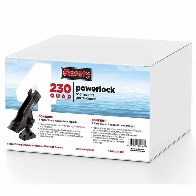 Scotty 0230-BK-QUAD Powerlock Rod Holder w/#241 Side/Deck Mount, Black, 4 pack