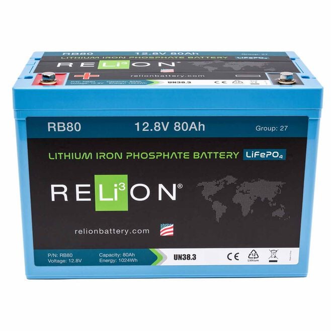 RELiON RB80 LiFePO4 Lithium Iron Phosphate 12V Battery, Group 27
