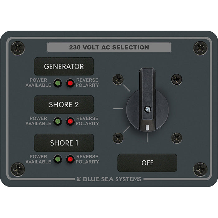 Panel de interruptor giratorio de CA Blue Sea 8358, 30 amperios, 3 posiciones + apagado, 2 polos
