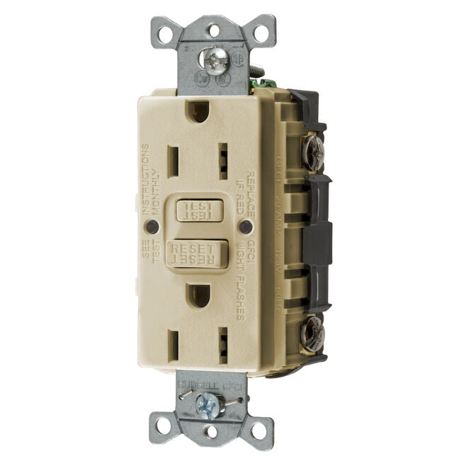 Hubbell GFRST52MI GFCI Duplex Receptacle w/Cover Plate, Ivory