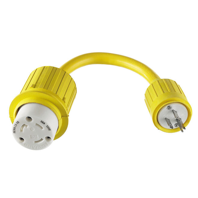 Hubbell HBL104 Yellow Watertight 30A 125V Locking Female to 15A 125V Straight, Blade Male Adapter