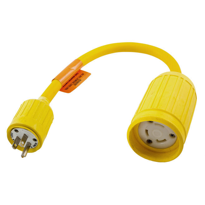 Hubbell HBL104 Yellow Watertight 30A 125V Locking Female to 15A 125V Straight, Blade Male Adapter