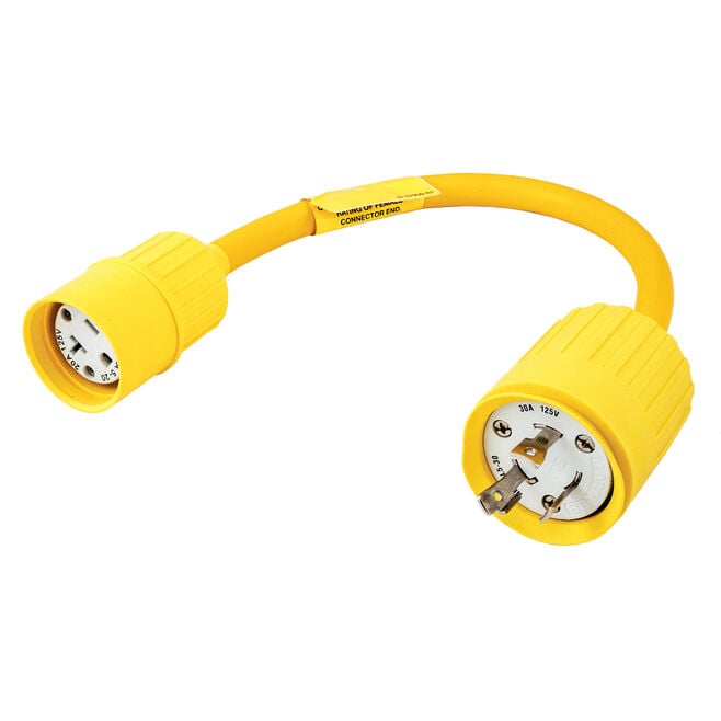 Hubbell HBL105 Yellow Watertight 15A/20A 125V Straight Blade Female to 30A 125V, Locking Plug Male Adapter