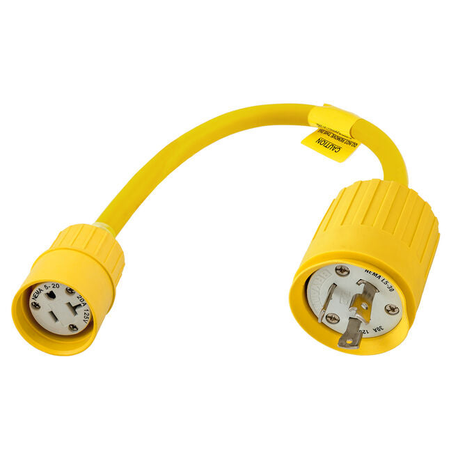 Hubbell HBL105 Yellow Watertight 15A/20A 125V Straight Blade Female to 30A 125V, Locking Plug Male Adapter