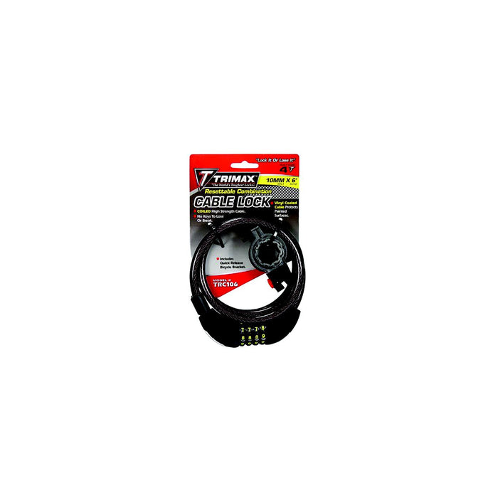Trimax Locks TRC106 Trimax Quadra-Braid 6' x 10mm Cable Lock w/ Combination &, Quick Release Bracket
