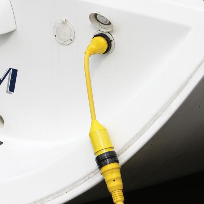 Marinco 106A Standard Pigtail Adapter Dock Side Male, 20A 125V Male to 30A 125V Female, with Sealing Collar System