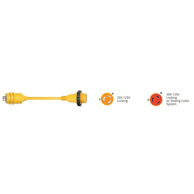 Marinco 106A Standard Pigtail Adapter Dock Side Male, 20A 125V Male to 30A 125V Female, with Sealing Collar System
