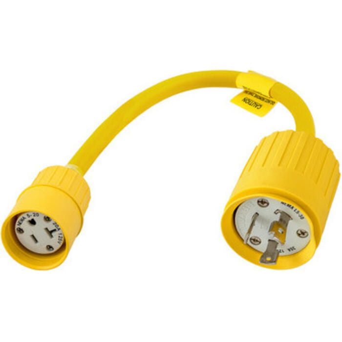 Hubbell HBL104 Yellow Watertight 30A 125V Locking Female to 15A 125V Straight, Blade Male Adapter