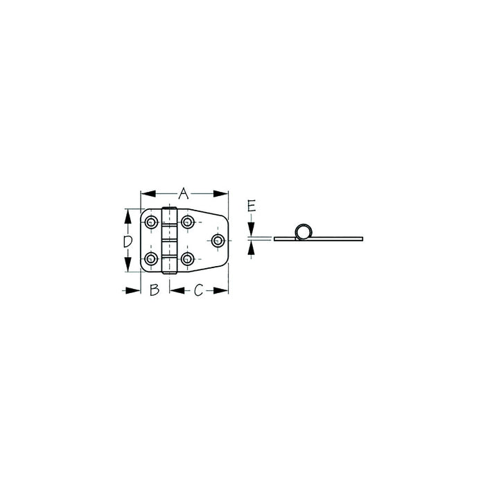 Sea Dog 203510-1 Dampening Short Side Door Hinge, #8 FH, A= 2-1/8", B=11/16" C= 1-7/16", D= 1-1/2", E= 1/16"