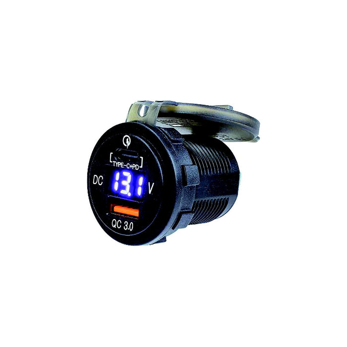 Sea Dog 426511-1 Seadog USB 3.0 & USB-C Power Socket w/ Voltmeter, A:1-7/16" B: 1-1/2" C:1-1/8", V: 8-32
