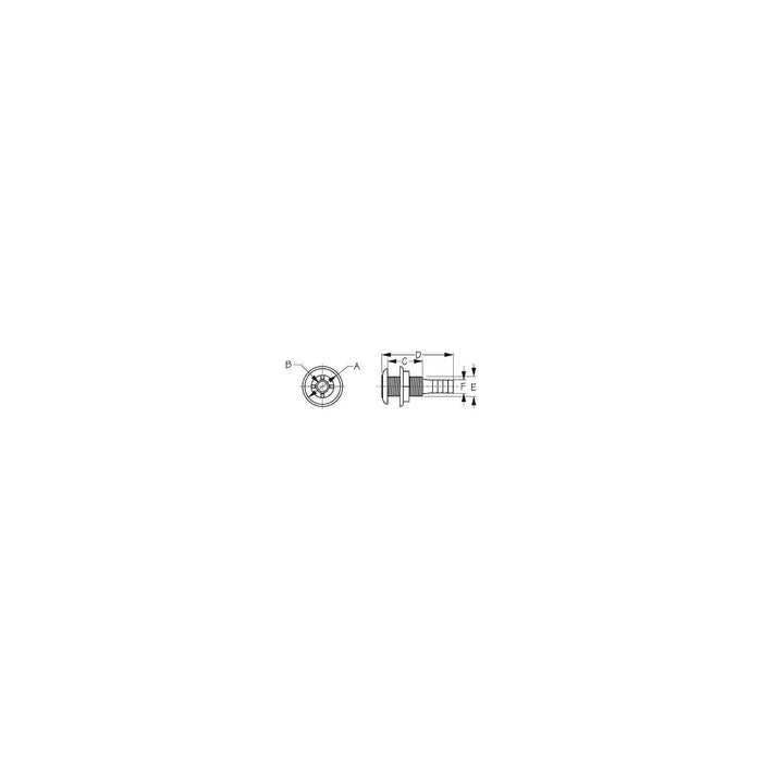 Sea Dog 520823 Thru Hull with Stainless Cap, 1-1/8", A: 1-7/8", B: 7/8”, C: 1-3/4", D: 3-3/8", E: 1-3/16”, F: 1-1/8"