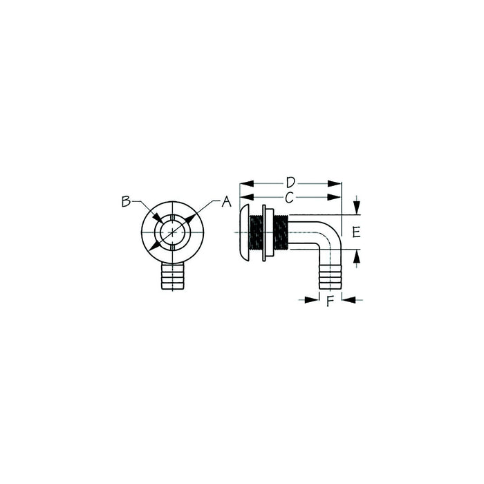 Sea Dog 520833 90° Thru-Hull with Stainless Cap, 1-1/8", A: 1-7/8", B: 7/8", C: 1-13/16", D: 3-3/4", E: 1-15/16", F: 1-1/8"