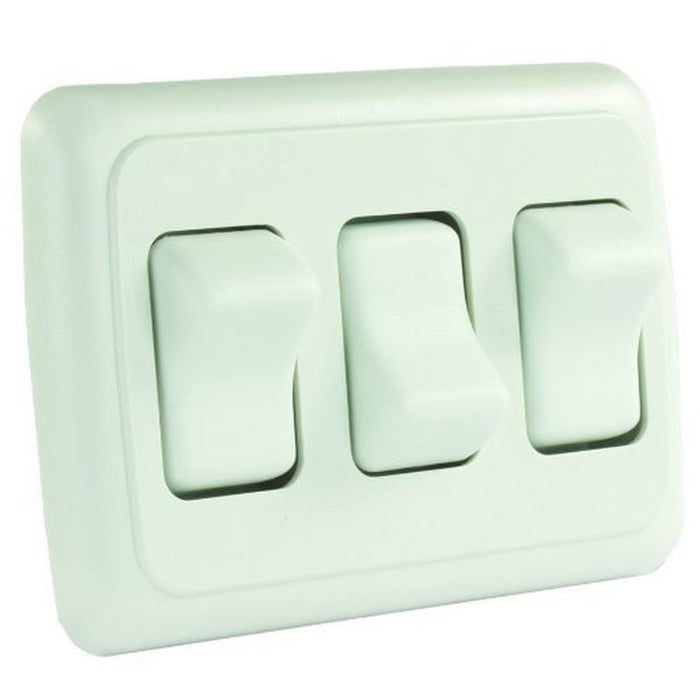 JR Products 12025 White Triple RV Rocker Switch Assembly with Bezel