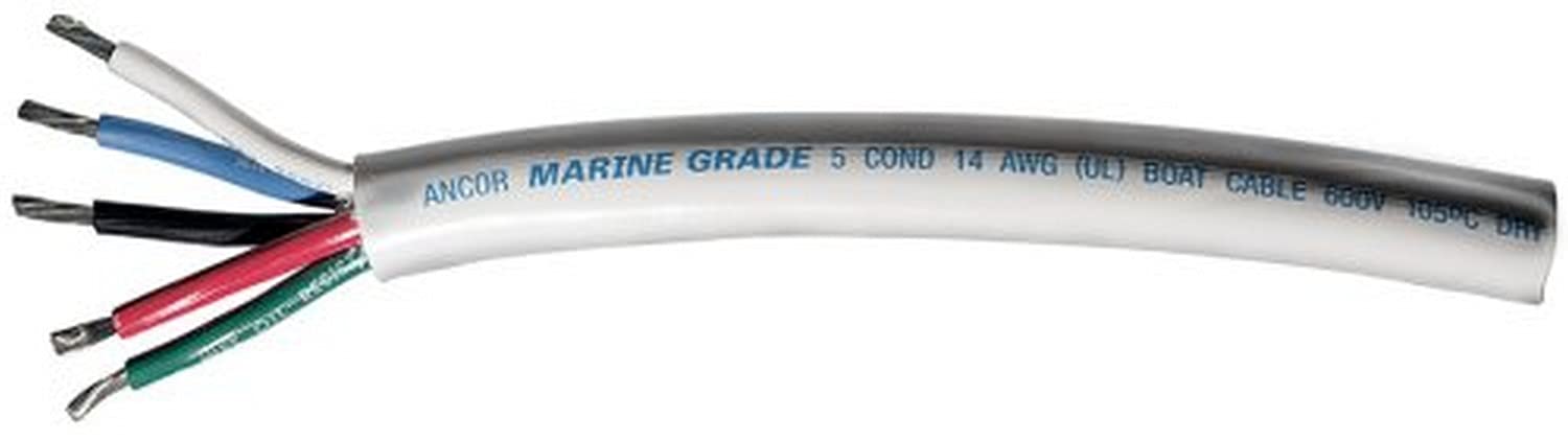 Ancor 155010 Marine Grade Tinned Copper White Flat Signal Cable, 14/5 AWG, 100', Black/Blue/Green/Brown/Red