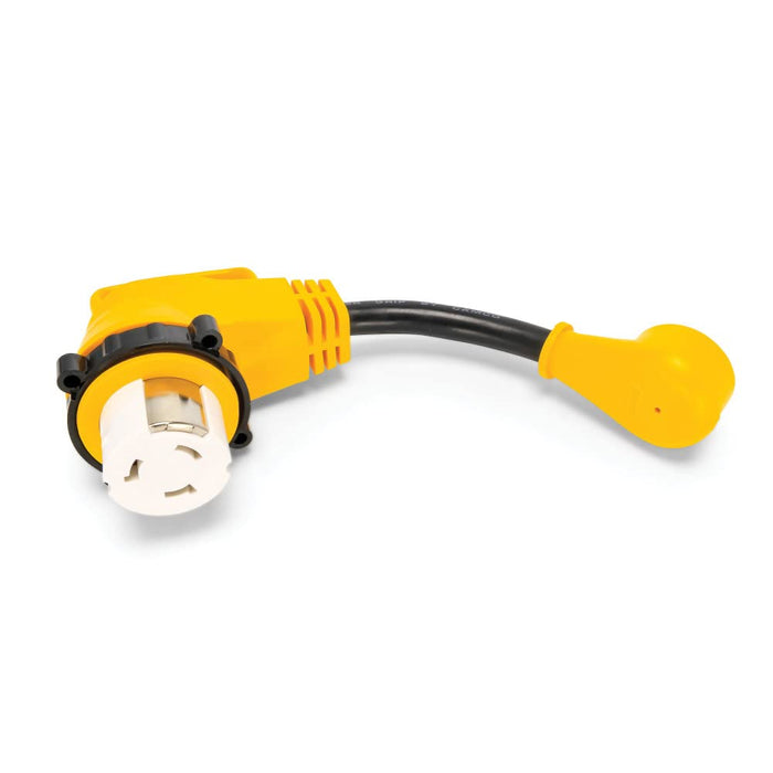 Camco 55638 90° Powergrip Locking Dogbone Adapter, 15A to 50A