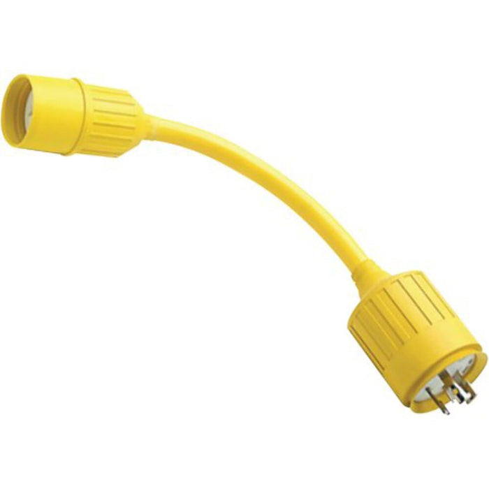 Hubbell HBL105 Yellow Watertight 15A/20A 125V Straight Blade Female to 30A 125V, Locking Plug Male Adapter