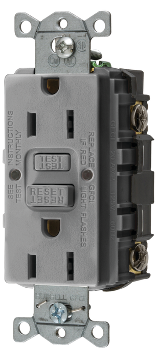 Hubbell GFRST52MGY GFCI Duplex Receptacle w/Cover Plate, Gray