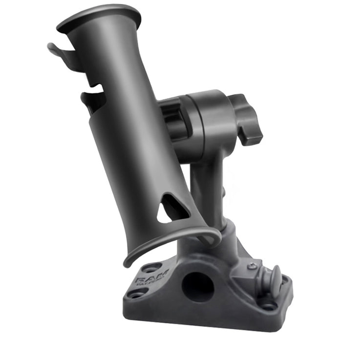 Soporte para caña de pescar RAM Mount RAM Tube Jr., estrías para poste de 4" de longitud estándar y base combinada de mamparo/superficie plana con émbolo