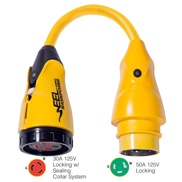 Marinco P503-30 EEL 30A-125V Hembra a 50A-125V Macho Adaptador Pigtail - Amarillo