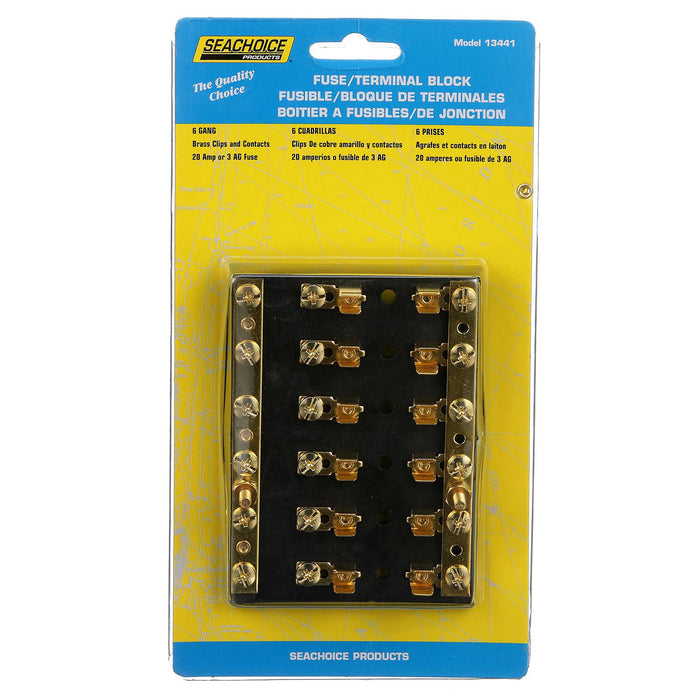 Seachoice 13441 6-Gang Fuse & Terminal Block, Brass Clips & Contacts, SFE 20 Amp of 3AG Fuse