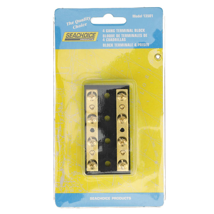 Seachoice 13501 Terminal Block, 4-Gang, Plastic Base with Brass Hardware