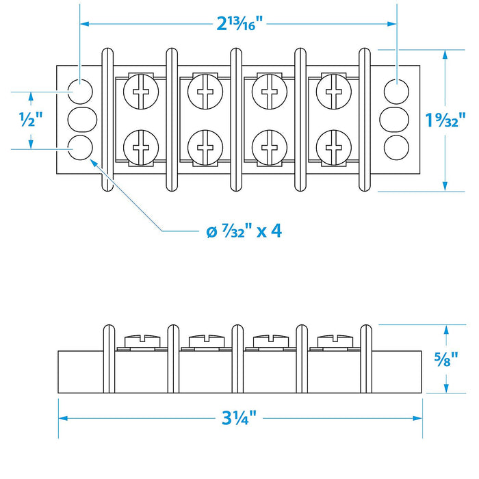 Seachoice 13561 Terminal Block, 4-Gang, Brass Clips and Contacts