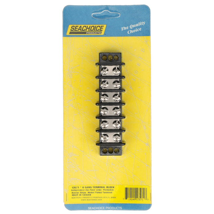 Seachoice 13571 Terminal Block, 6-Gang, Nickel Plated Brass Terminals