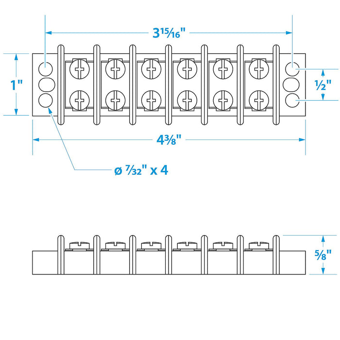 Seachoice 13571 Terminal Block, 6-Gang, Nickel Plated Brass Terminals