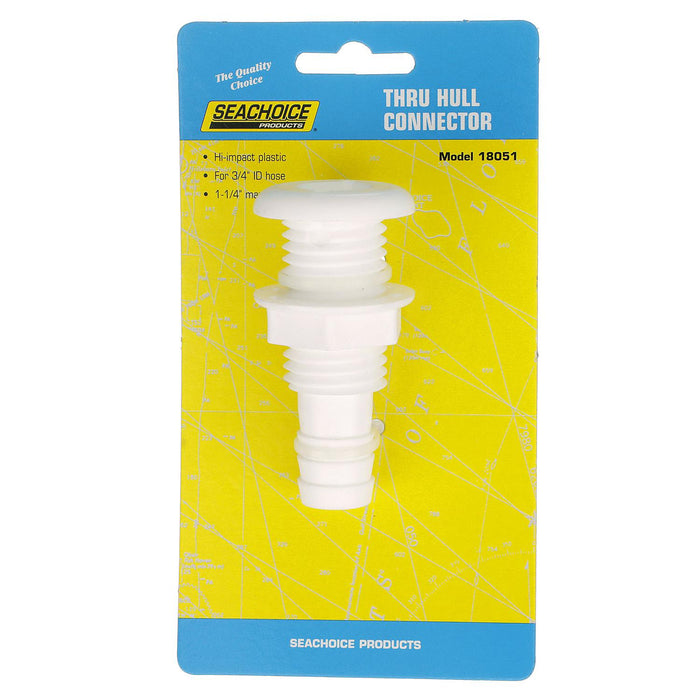Seachoice 50-18051 Thru-Hull Connector w/ Broad Flange, Fits 3/4 In. ID Hose, 1-1/4 In. Max Hull