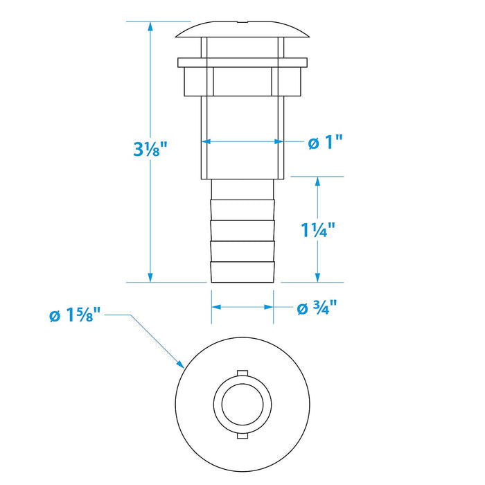 Seachoice 50-18051 Thru-Hull Connector w/ Broad Flange, Fits 3/4 In. ID Hose, 1-1/4 In. Max Hull