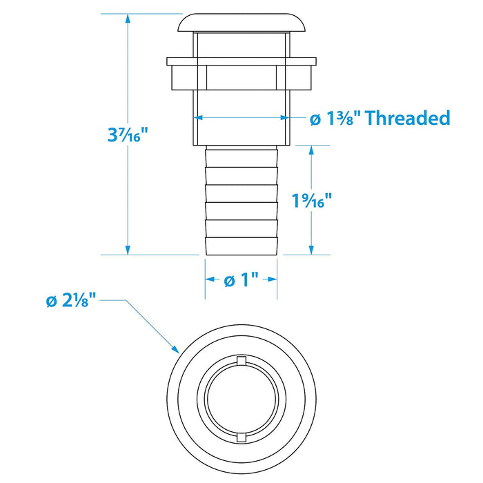 Seachoice 50-18071 Thru-Hull Connector w/ Broad Flange, Fits 1 In. ID Hose, 1-1/4 In. Max Hull
