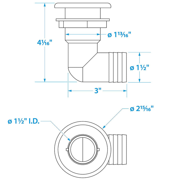Seachoice 50-18121 90-Degree Thru-Hull Connector, Fits 1-1/2 in. ID Hose, 1-3/8 in. Max Hull