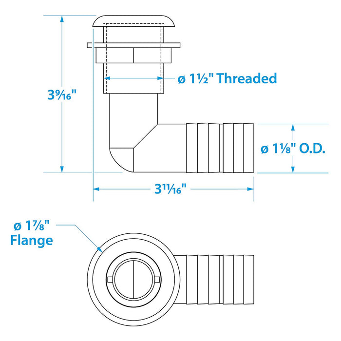 Seachoice 50-18141 90-Degree Thru-Hull Connector, Fits 1-1/8 In. ID Hose, 1-1/8 In. Max Hull