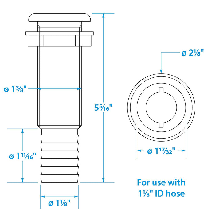 Seachoice 18181 Extra Long Thru-Hull Fitting w/ Broad Flange for 1-1/8 In. ID, Hose, 3 In. Long Thread