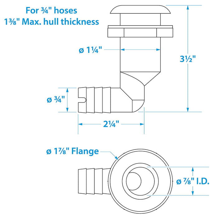 Seachoice 50-18541 90-Degree Thru-Hull Connector, Fits 3/4 In. ID Hose, 1-3/8 In. Max Hull, White