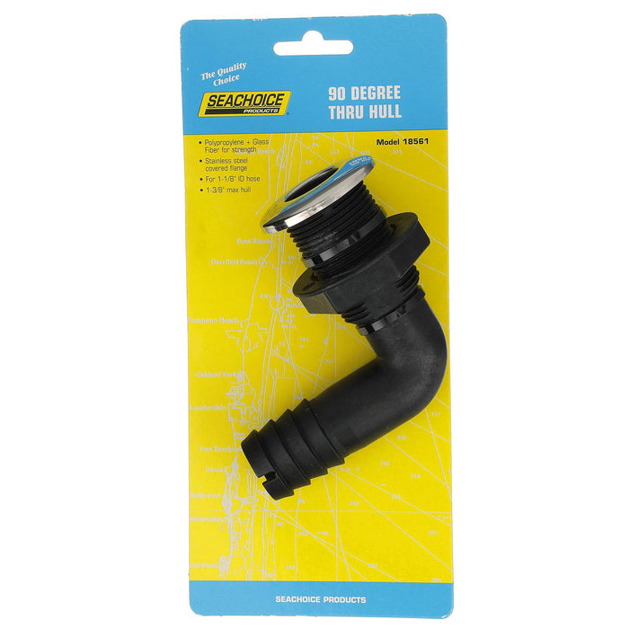 Seachoice 50-18561 90-Degree Thru-Hull Connector, Fits 1-1/8 In. ID Hose, 1-3/8 In. Max Hull