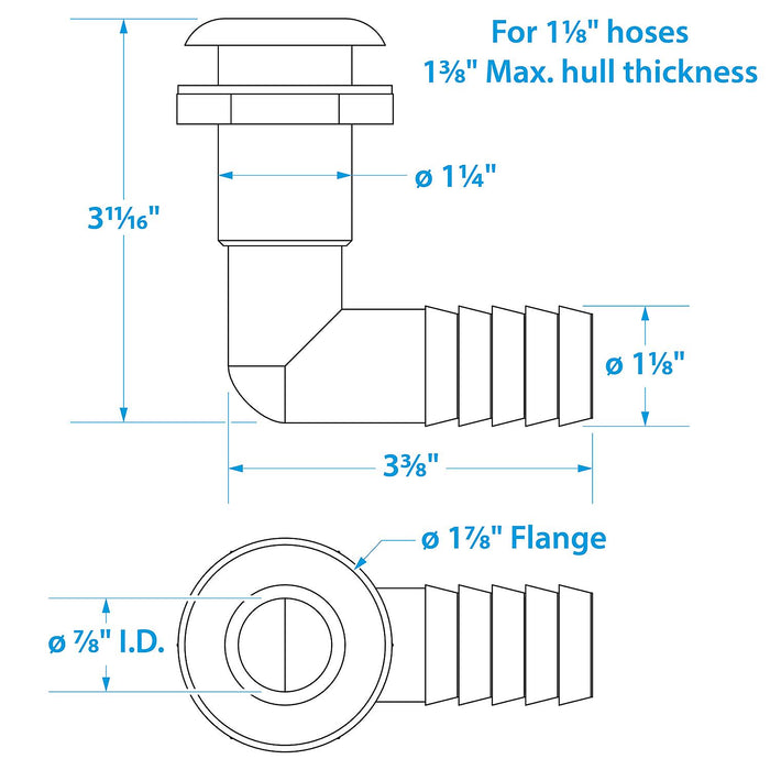 Seachoice 50-18561 90-Degree Thru-Hull Connector, Fits 1-1/8 In. ID Hose, 1-3/8 In. Max Hull