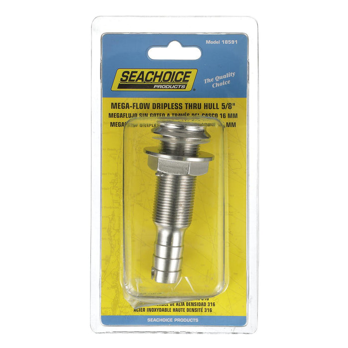 Seachoice 50-18591 Thru Hull Fitting, Mega-Flow Dripless, 316 Stainless Steel, Fits 5/8" Hose, 1-1/2" Max Hull