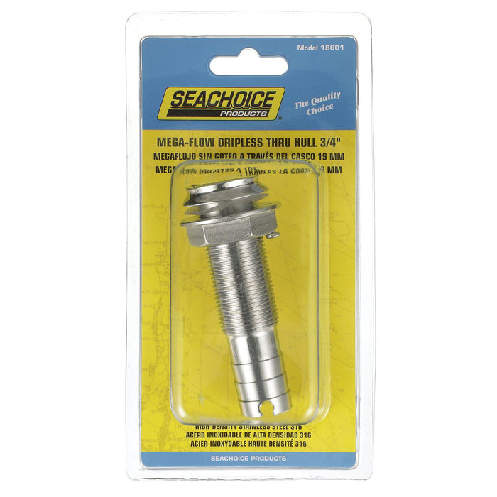Seachoice 50-18601 Thru Hull Fitting, Mega-Flow Dripless, 316 Stainless Steel, Fits 3/4" Hose, 1-1/2" Max Hull