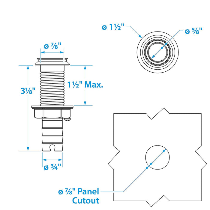 Seachoice 50-18601 Thru Hull Fitting, Mega-Flow Dripless, 316 Stainless Steel, Fits 3/4" Hose, 1-1/2" Max Hull