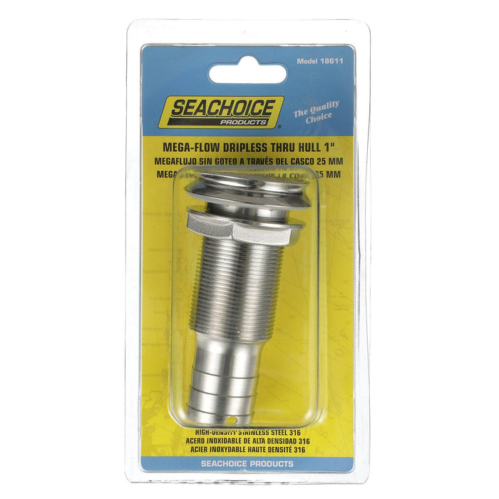 Seachoice 50-18611 Thru Hull Fitting, Mega-Flow Dripless, 316 Stainless Steel, Fits 1" Hose, 1-1/2" Max Hull