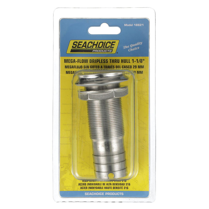 Seachoice 50-18621 Mega-Flow Dripless Thru Hull Fitting, 316 SS, Fits 1-1/8" Hose, 1-1/2" Max Hull