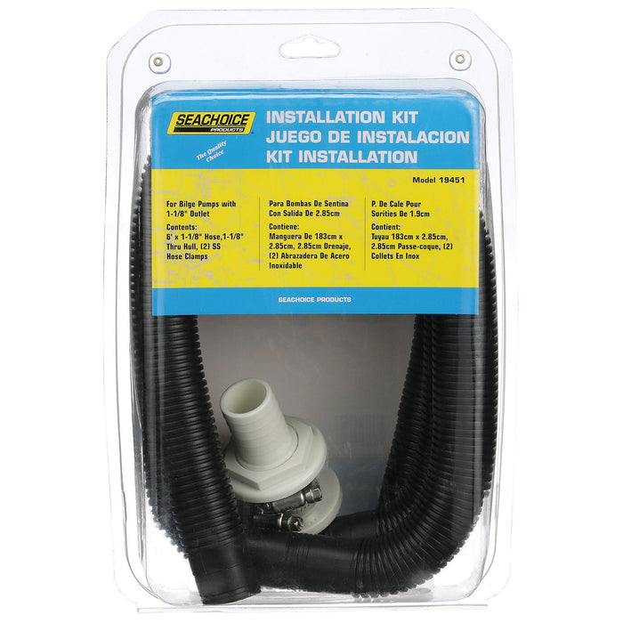 Seachoice 19451 Bilge Pump Installation Kit, For 1-1/8" Outlets, w/6 Ft Hose, 2 Clamps, Thru-Hull